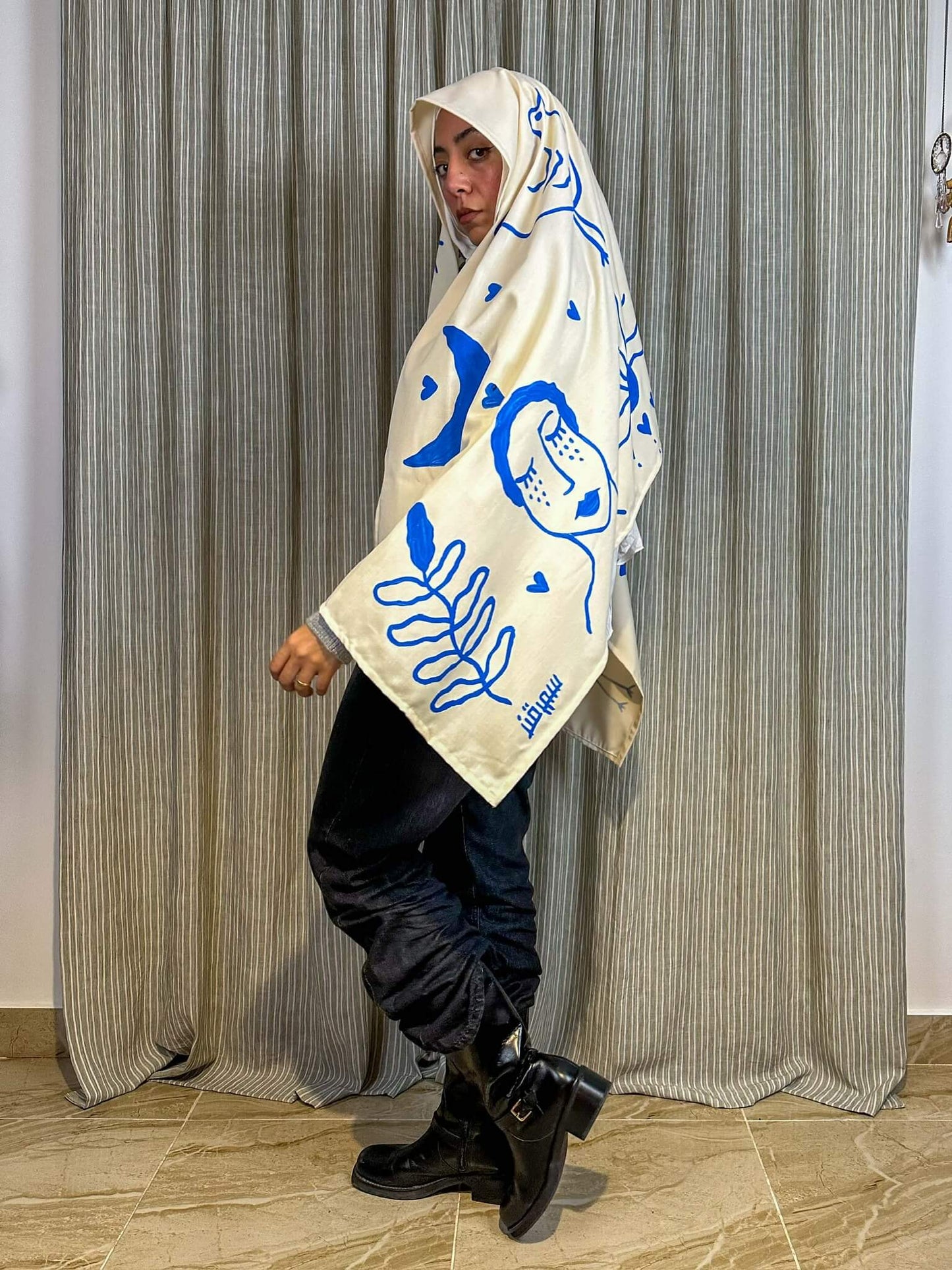 Beige and Blue hand painted shawl
