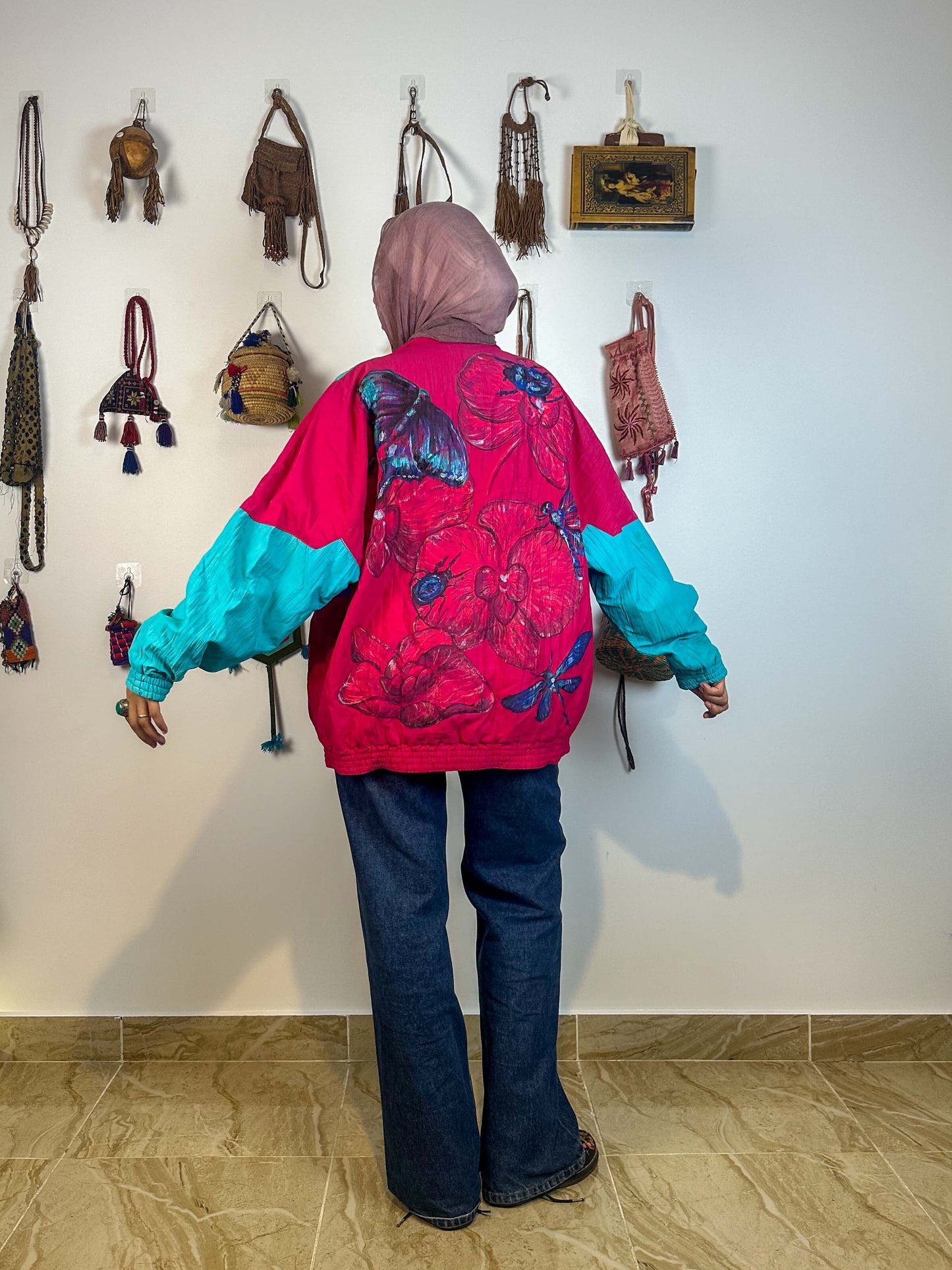 Turquoise and pink hand painted jacket