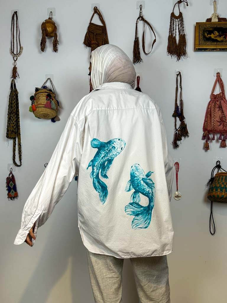 Hand painted fish button down shirt
