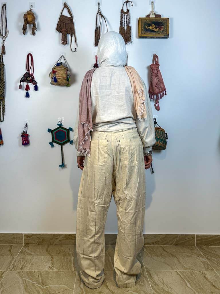 Stripped beige unisex drop waist pants