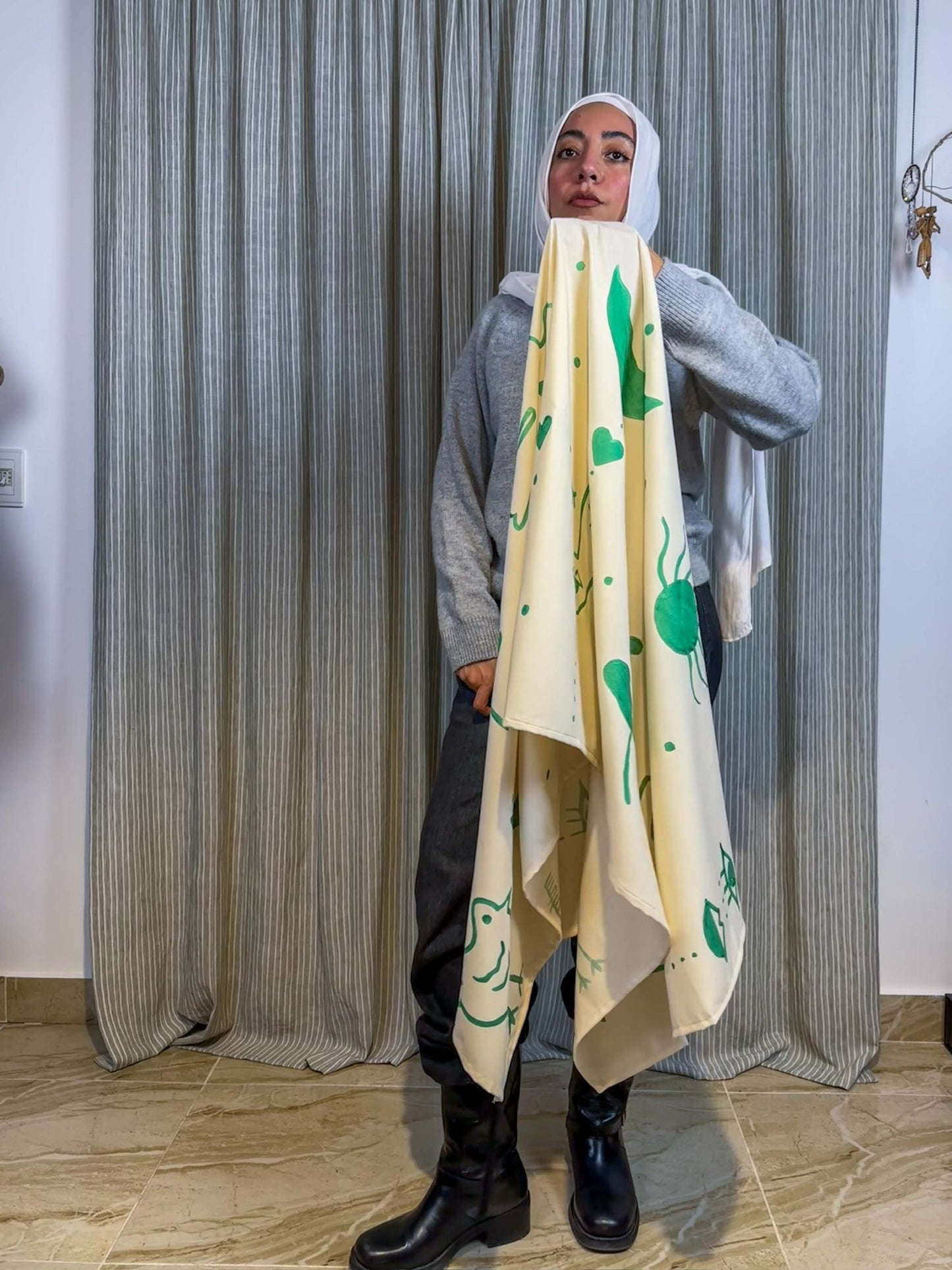 Beige and Green hand painted shawl