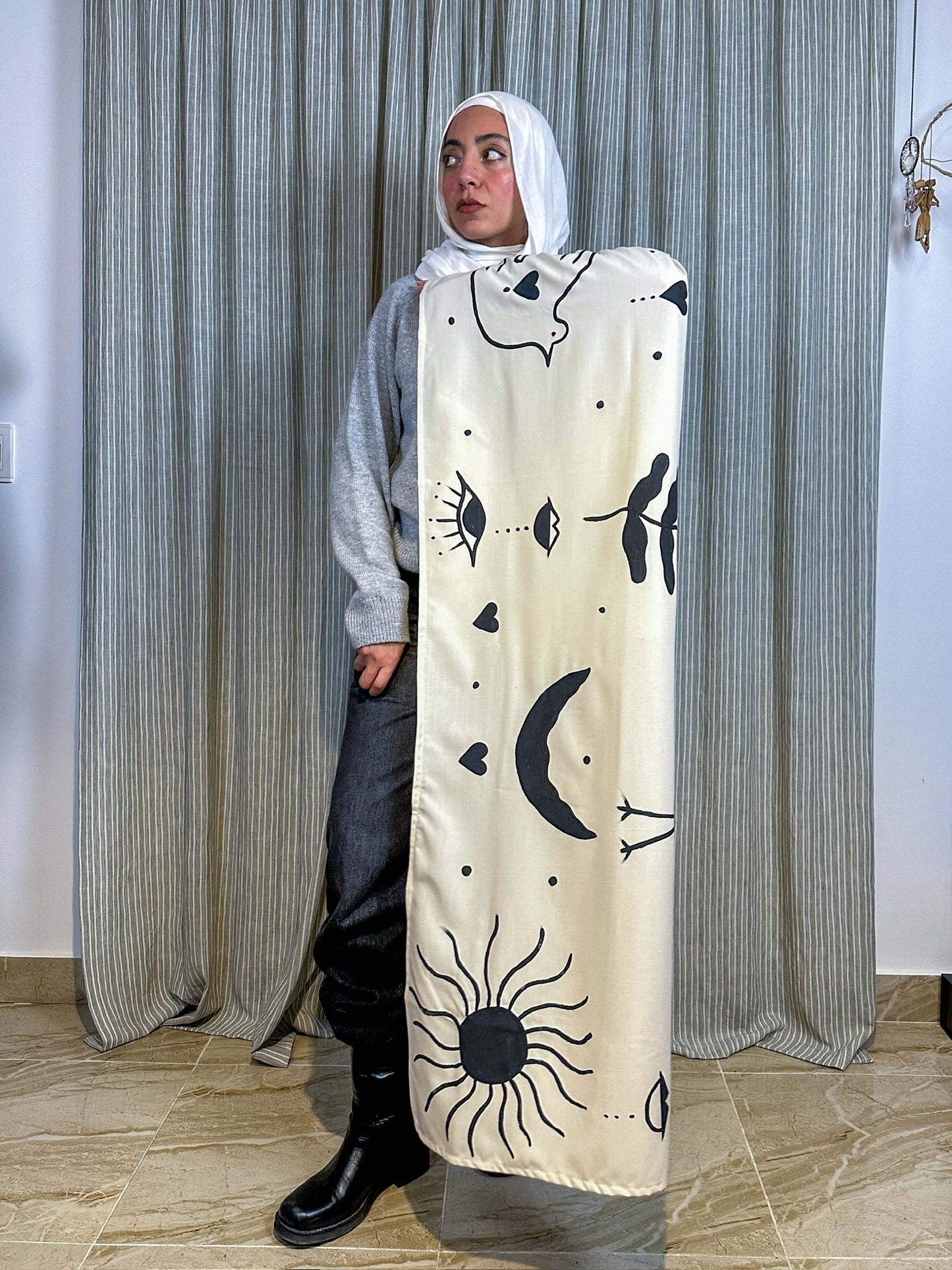 Black and Beige hand painted Shawl