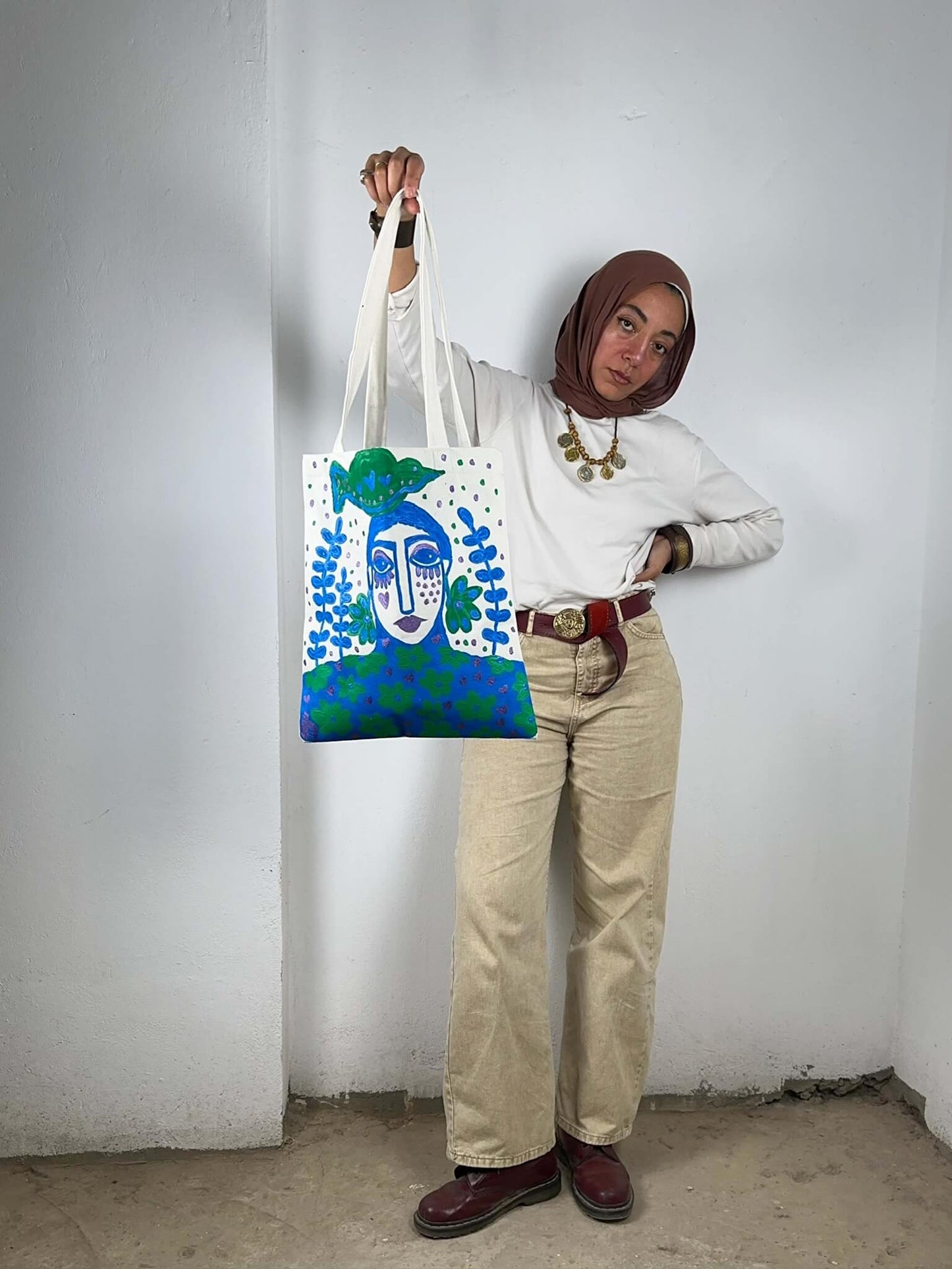 Handpainted Blue and Green Tote Bag