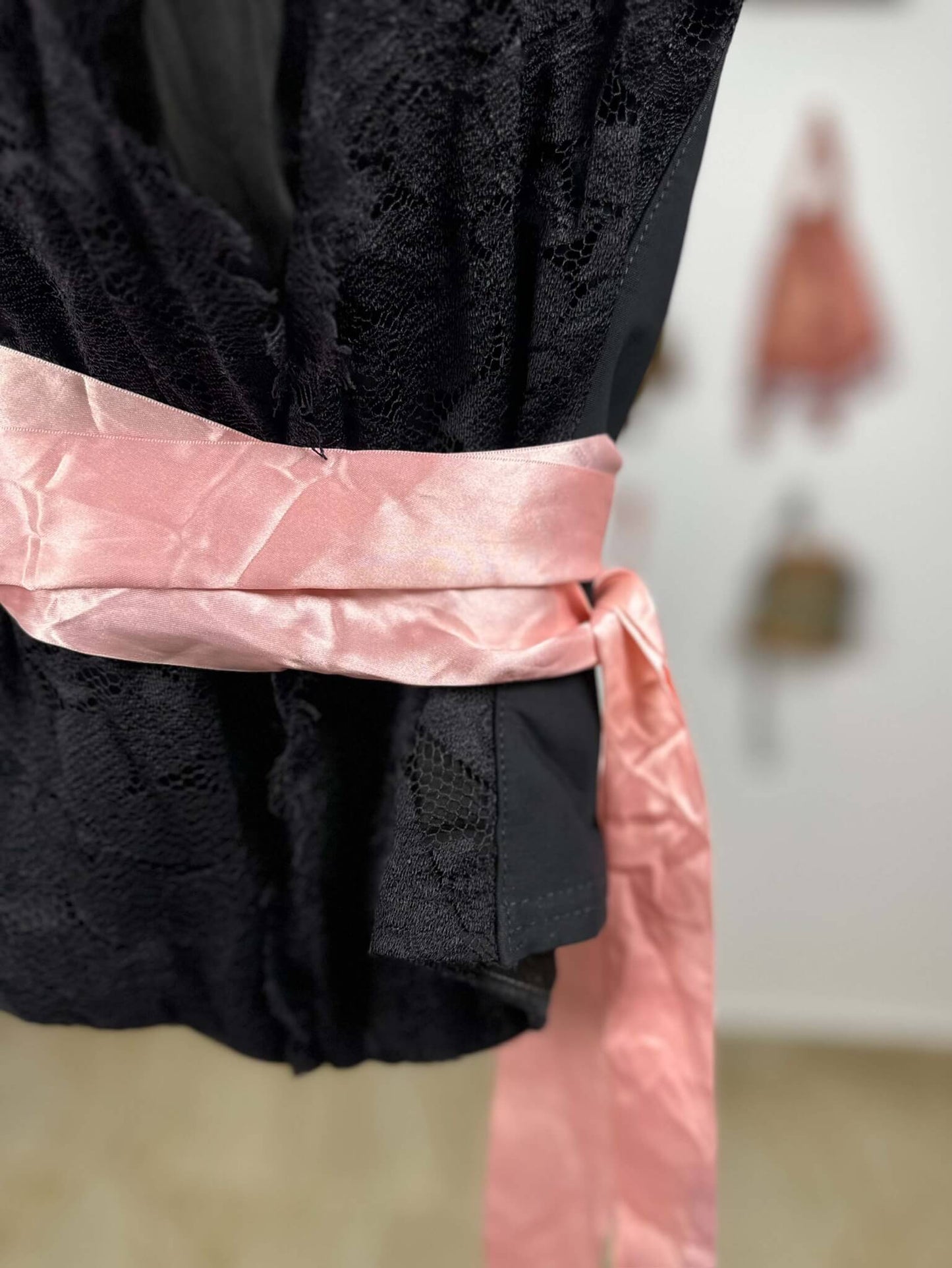 Black Lace Top with Pink Wrap Belt