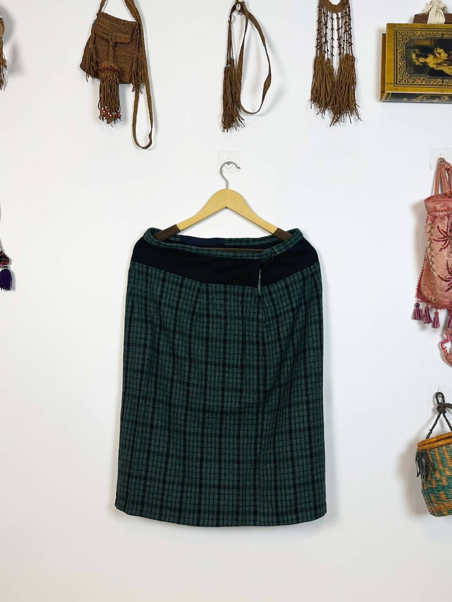 Black and Green Plaid Wool Skirt