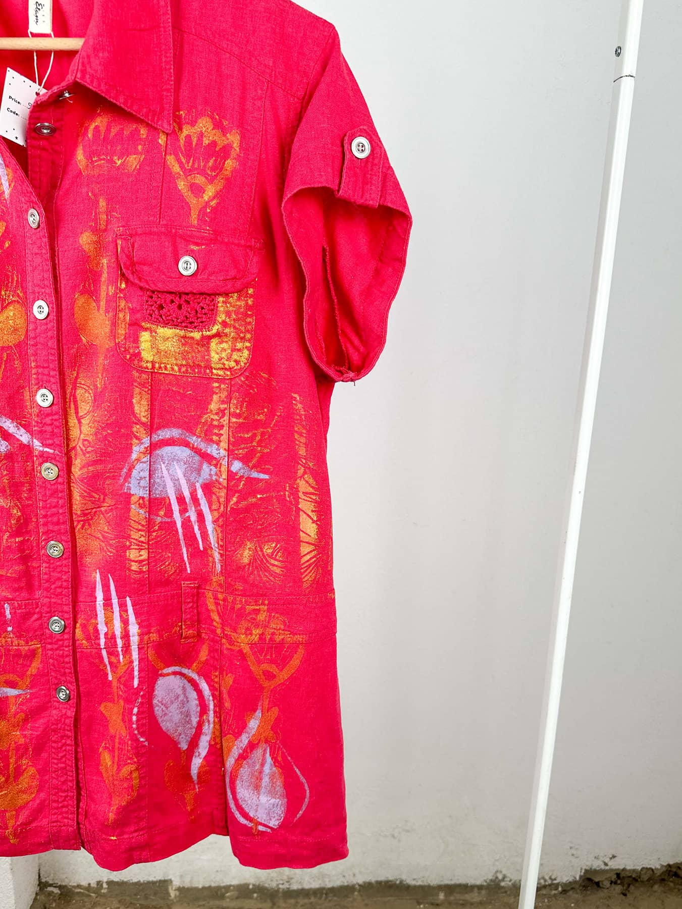 Hot Pink And Gold Hand Printed Denim Shirt