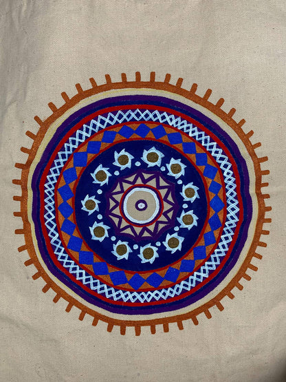 Light Beige Hand Painted Indian Design Tote Bag