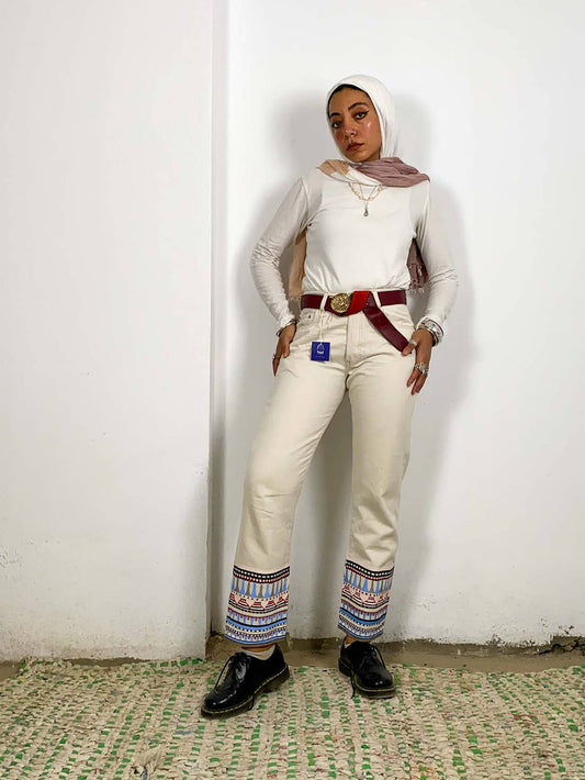 Off-White Hand Painted Jeans With Ancient Egyptian Design