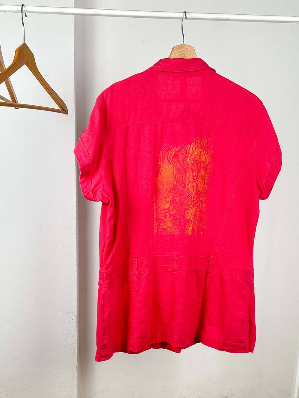 Hot Pink And Gold Hand Printed Denim Shirt