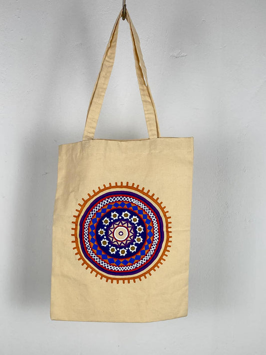 Light Beige Hand Painted Indian Design Tote Bag