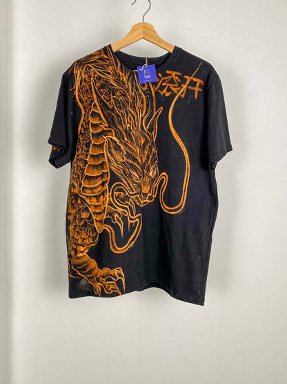 Black Hand Painted With Chlorine Chinese Dragon Design T-Shirt