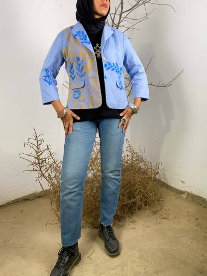 Baby Blue Hand Printed Blazer