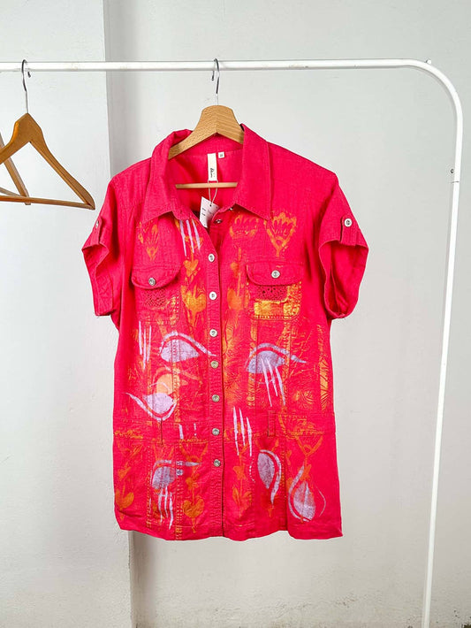 Hot Pink And Gold Hand Printed Denim Shirt