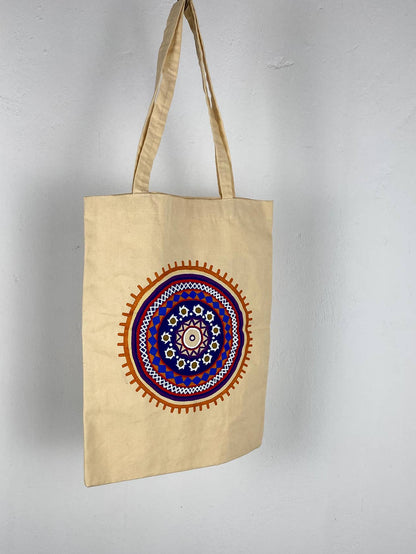 Light Beige Hand Painted Indian Design Tote Bag