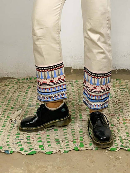 Off-White Hand Painted Jeans With Ancient Egyptian Design