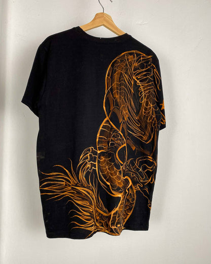 Black Hand Painted With Chlorine Chinese Dragon Design T-Shirt