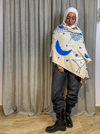 Beige and Blue hand painted shawl
