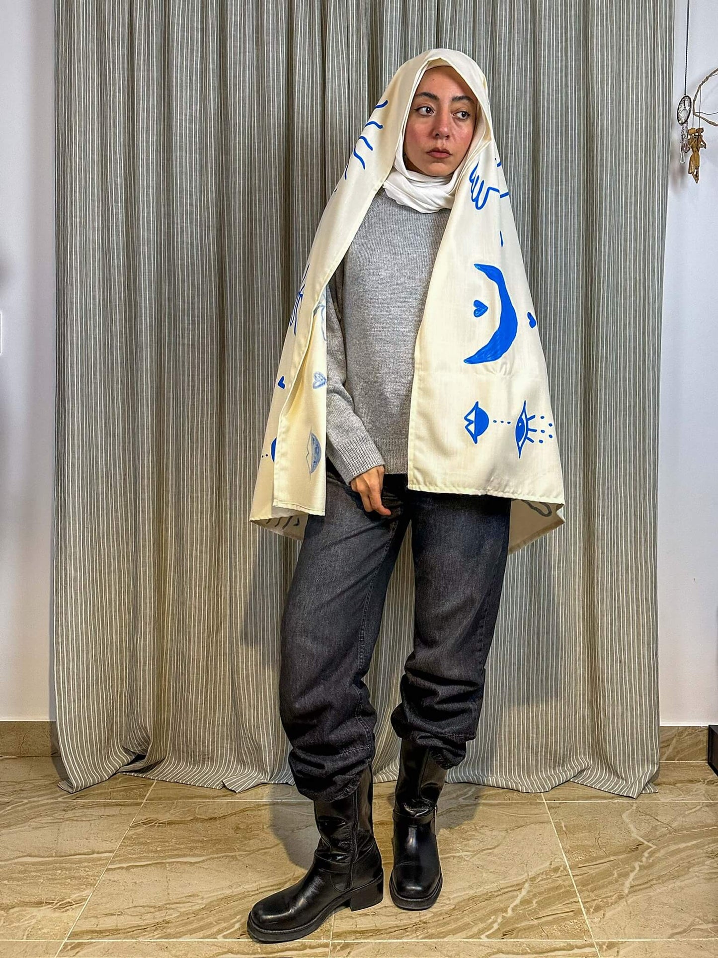 Beige and Blue hand painted shawl