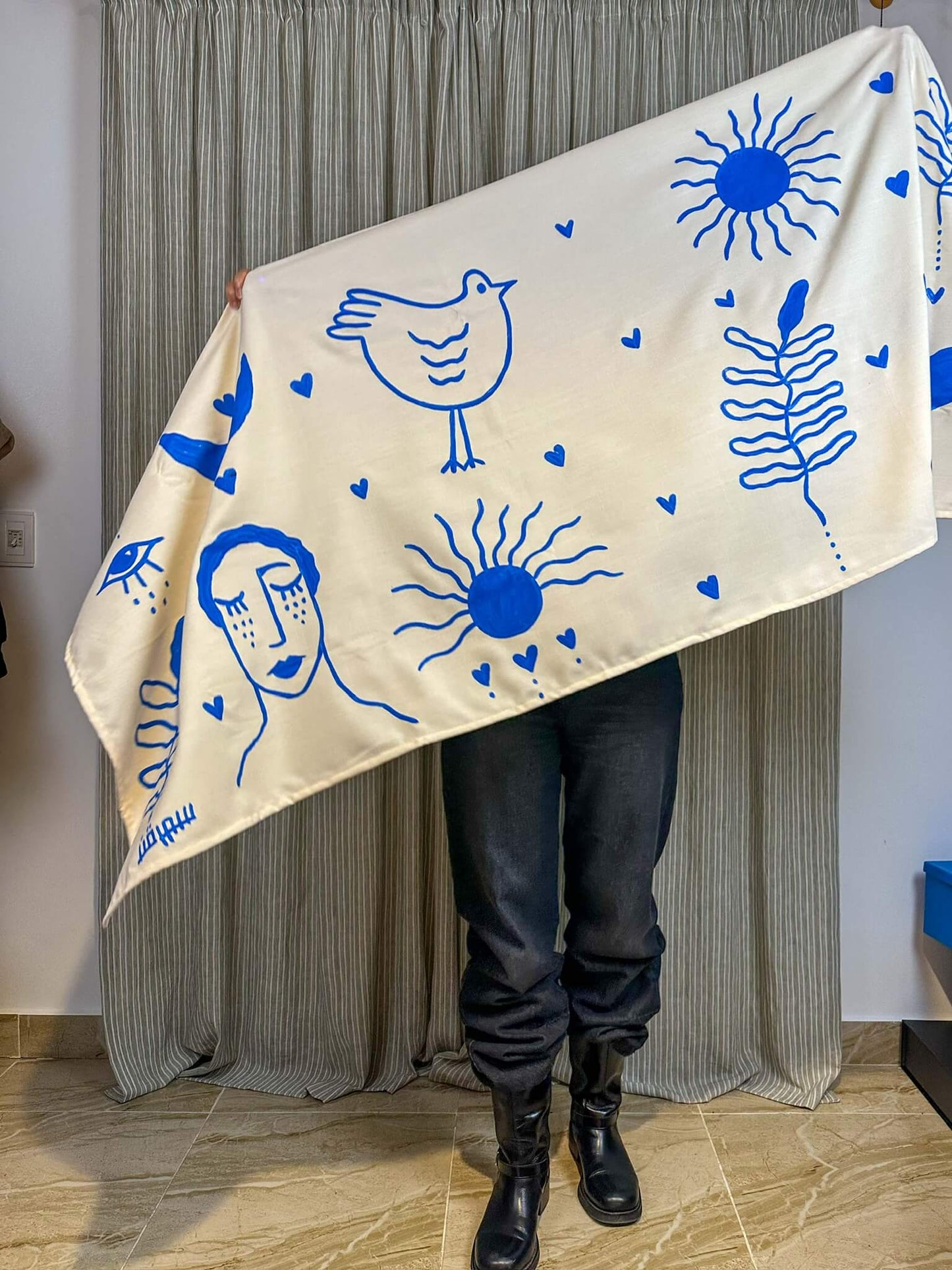 Beige and Blue hand painted shawl