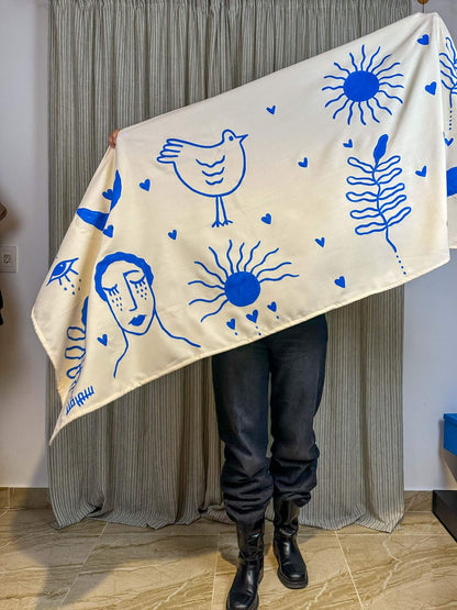 Beige and Blue hand painted shawl