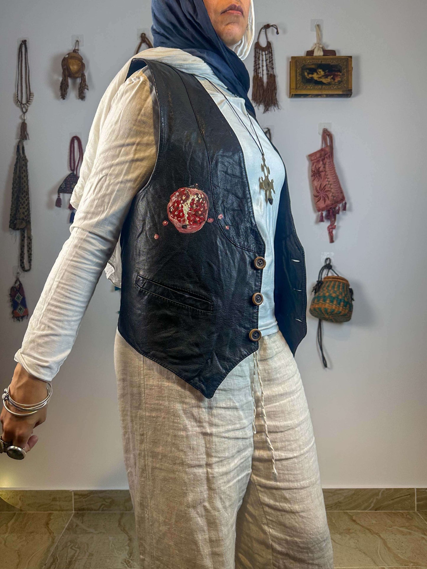 Pomegranate hand painted black vest