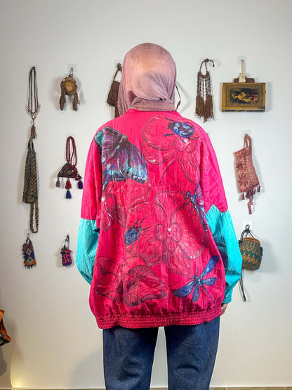 Turquoise and pink hand painted jacket