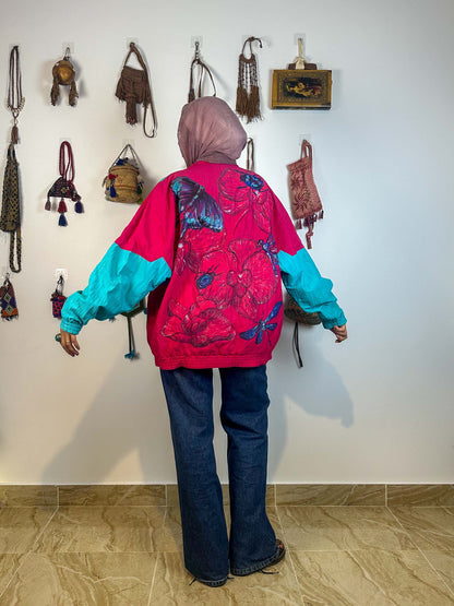Turquoise and pink hand painted jacket