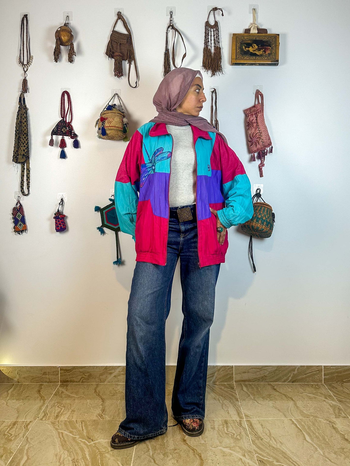 Turquoise and pink hand painted jacket