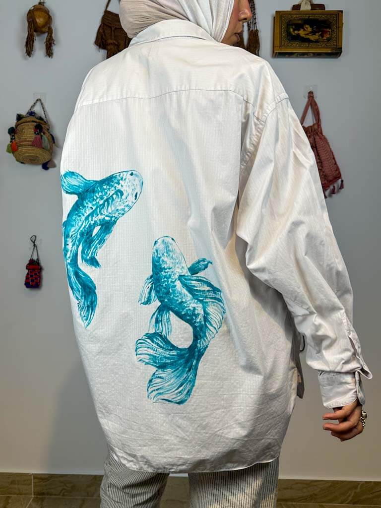 Hand painted fish button down shirt