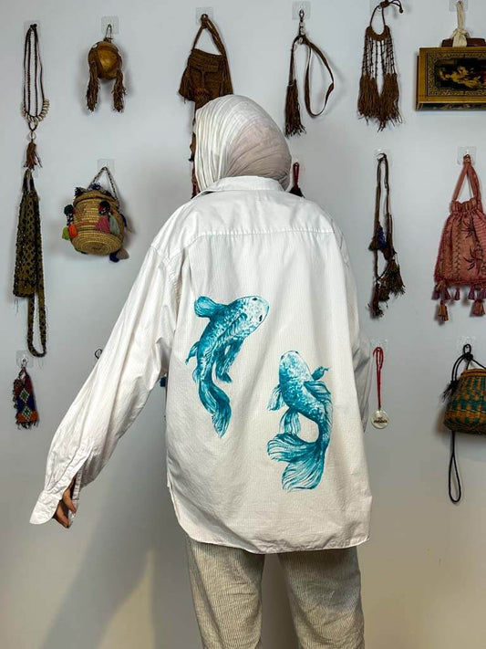 Hand painted fish button down shirt