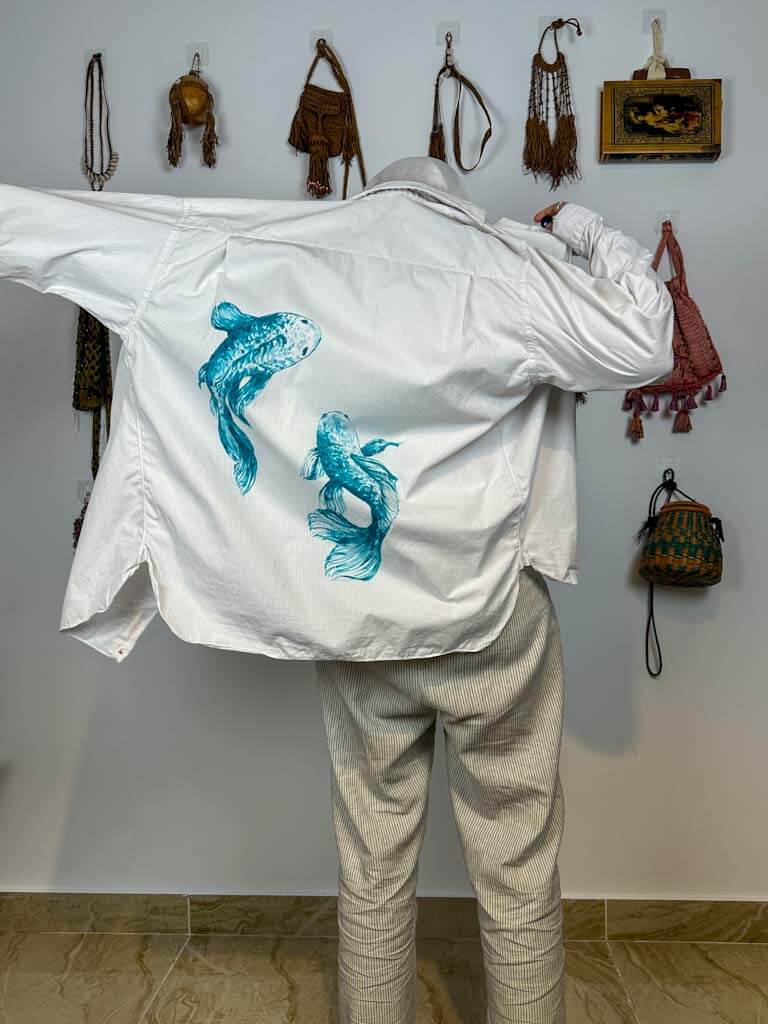 Hand painted fish button down shirt