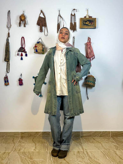 Green denim hand painted Persian long jacket