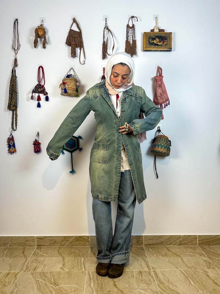 Green denim hand painted Persian long jacket