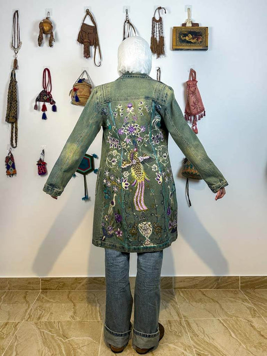Green denim hand painted Persian long jacket
