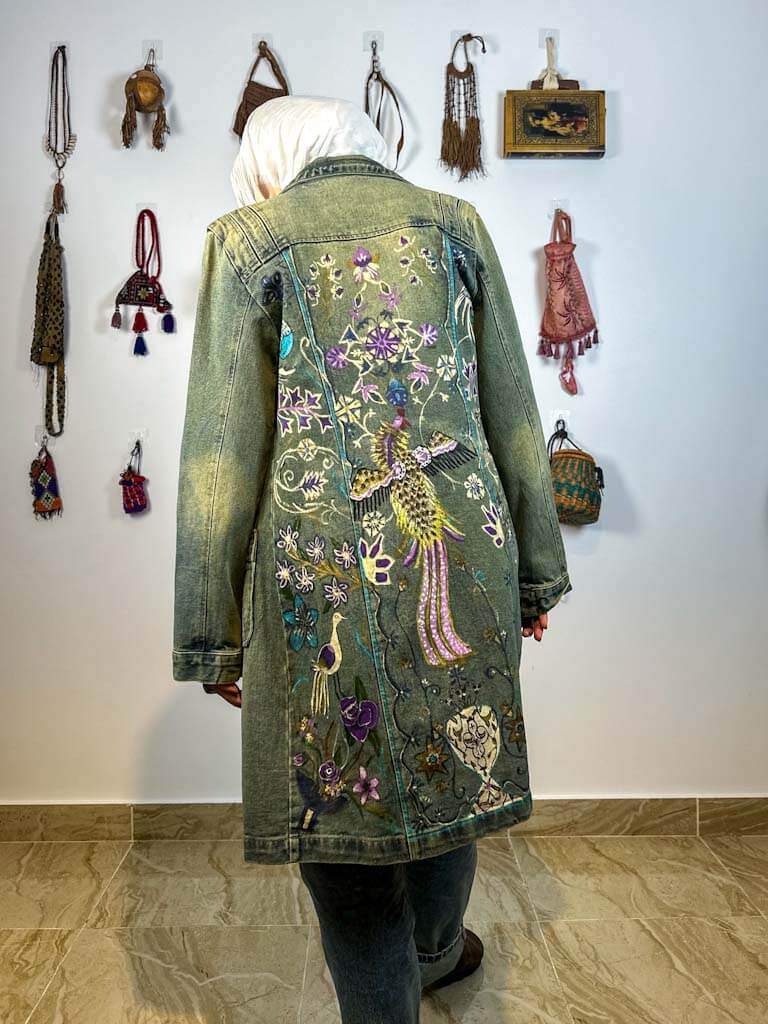 Green denim hand painted Persian long jacket