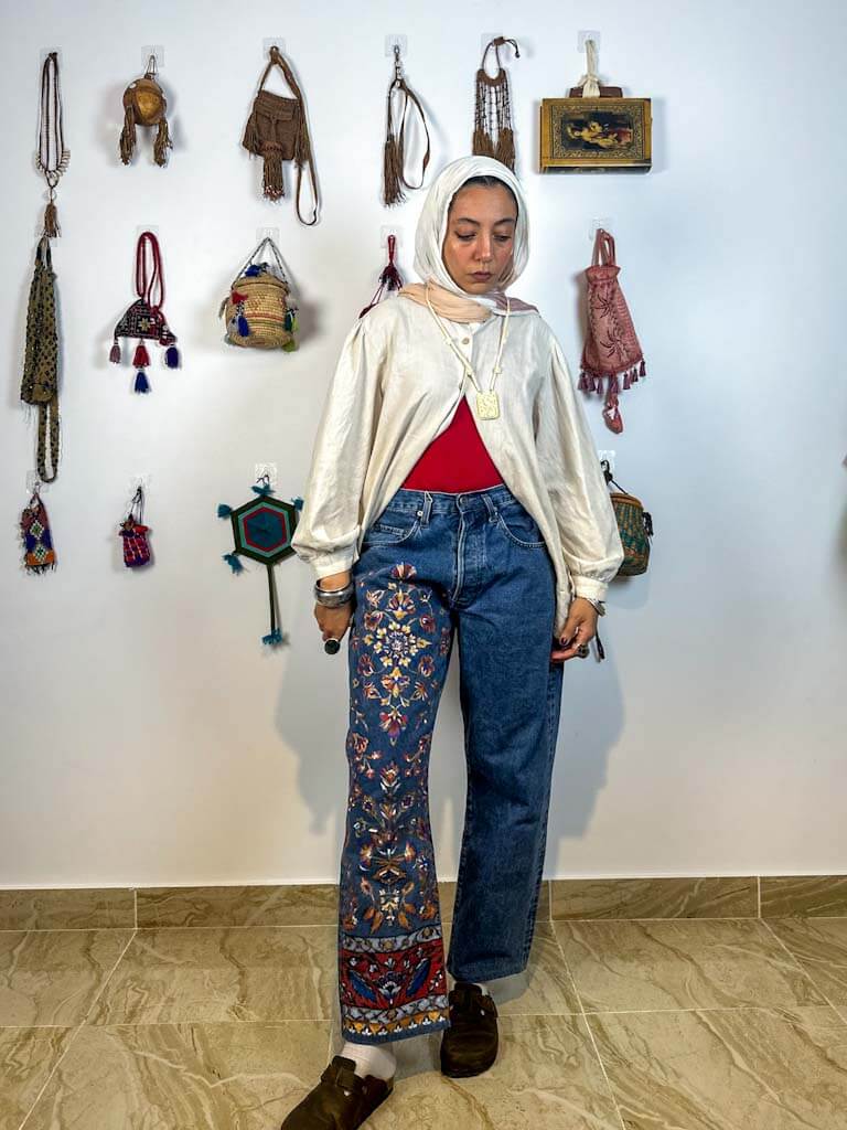 Hand painted Persian blue jeans