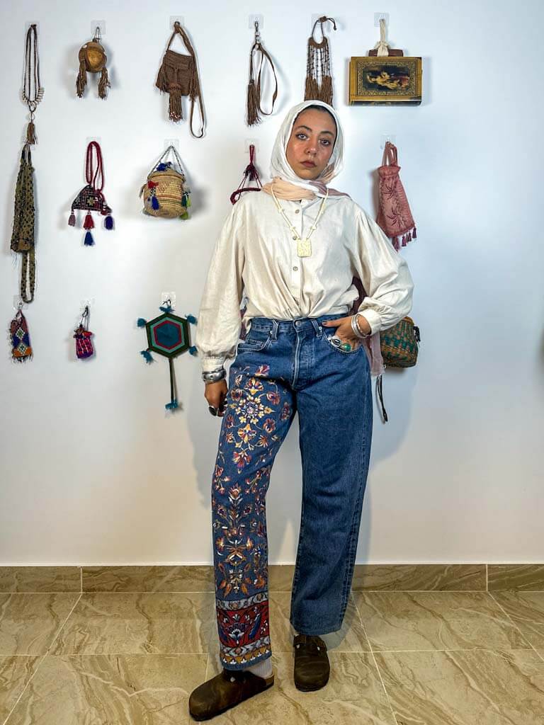 Hand painted Persian blue jeans