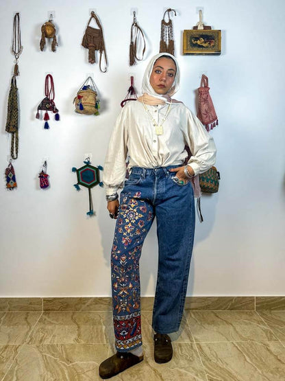 Hand painted Persian blue jeans