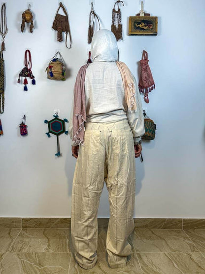 Stripped beige unisex drop waist pants