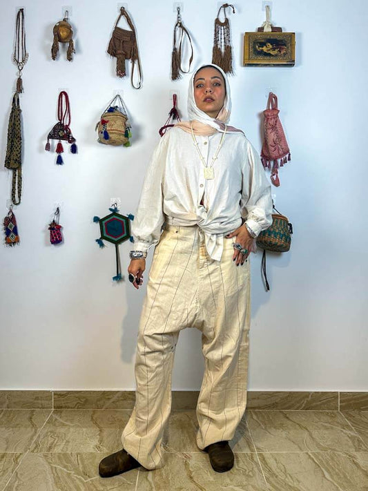 Stripped beige unisex drop waist pants