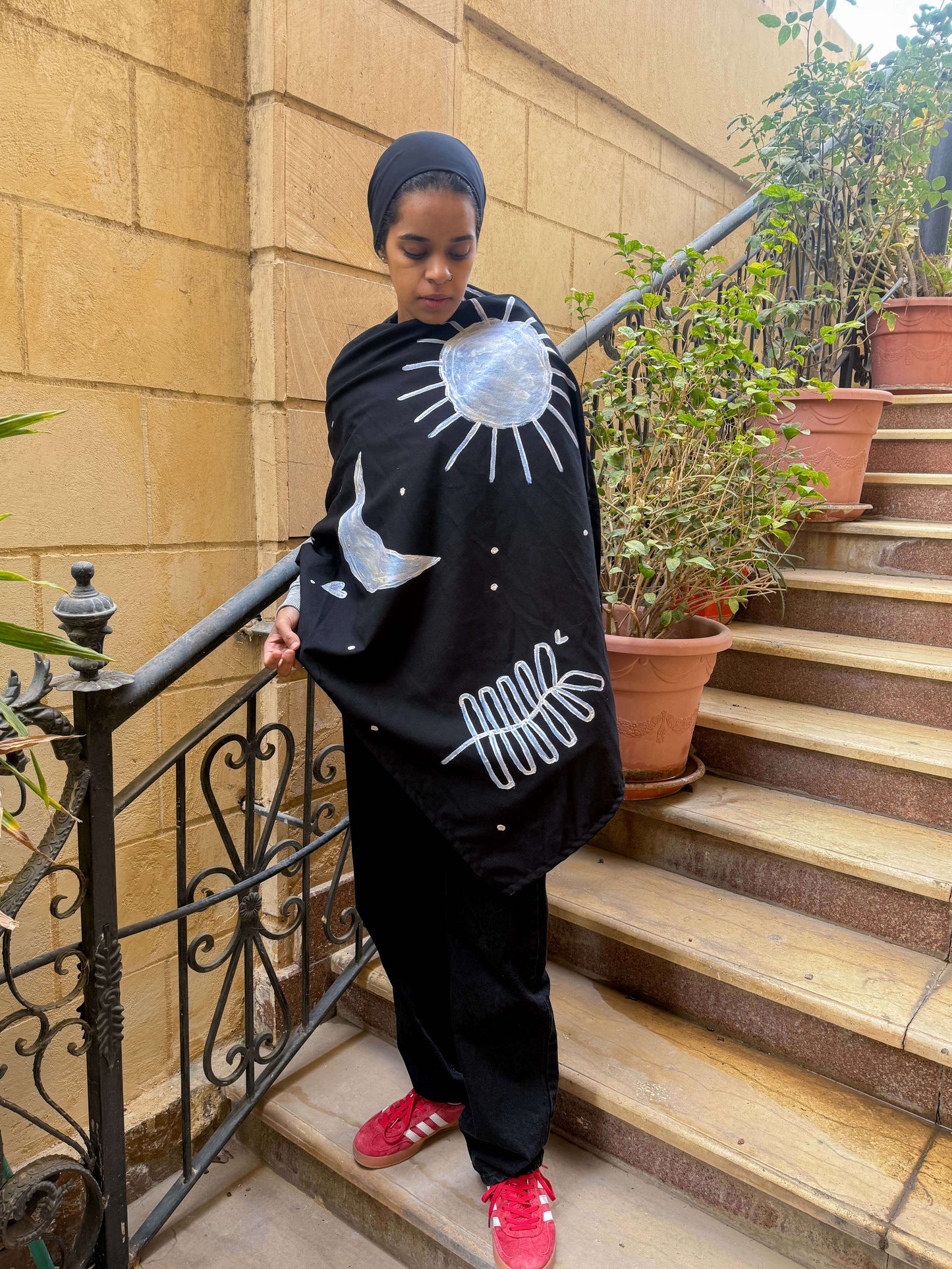 Black hand painted shawl