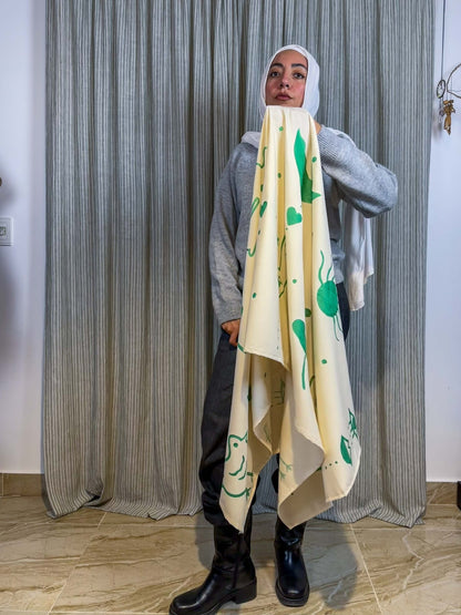 Beige and Green hand painted shawl