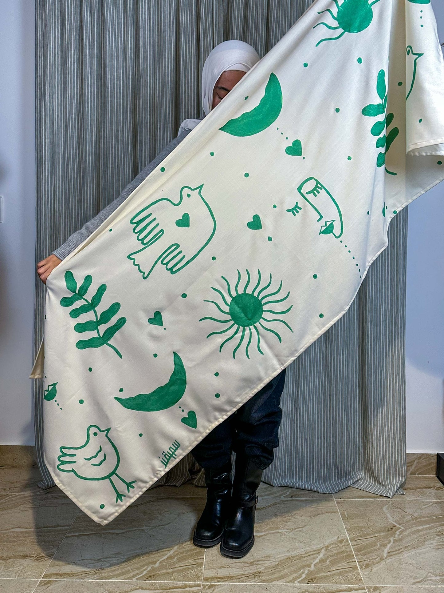 Beige and Green hand painted shawl