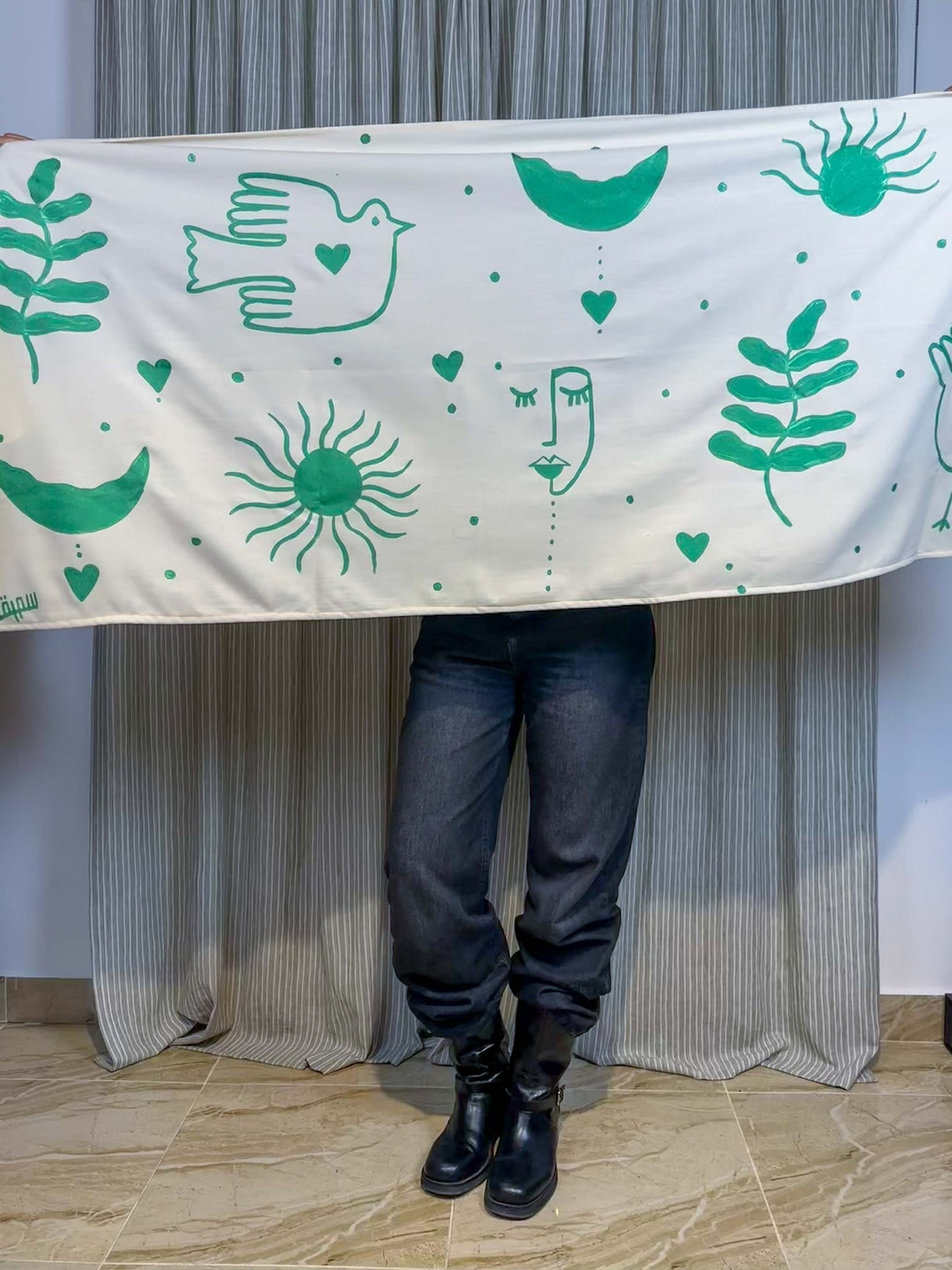 Beige and Green hand painted shawl