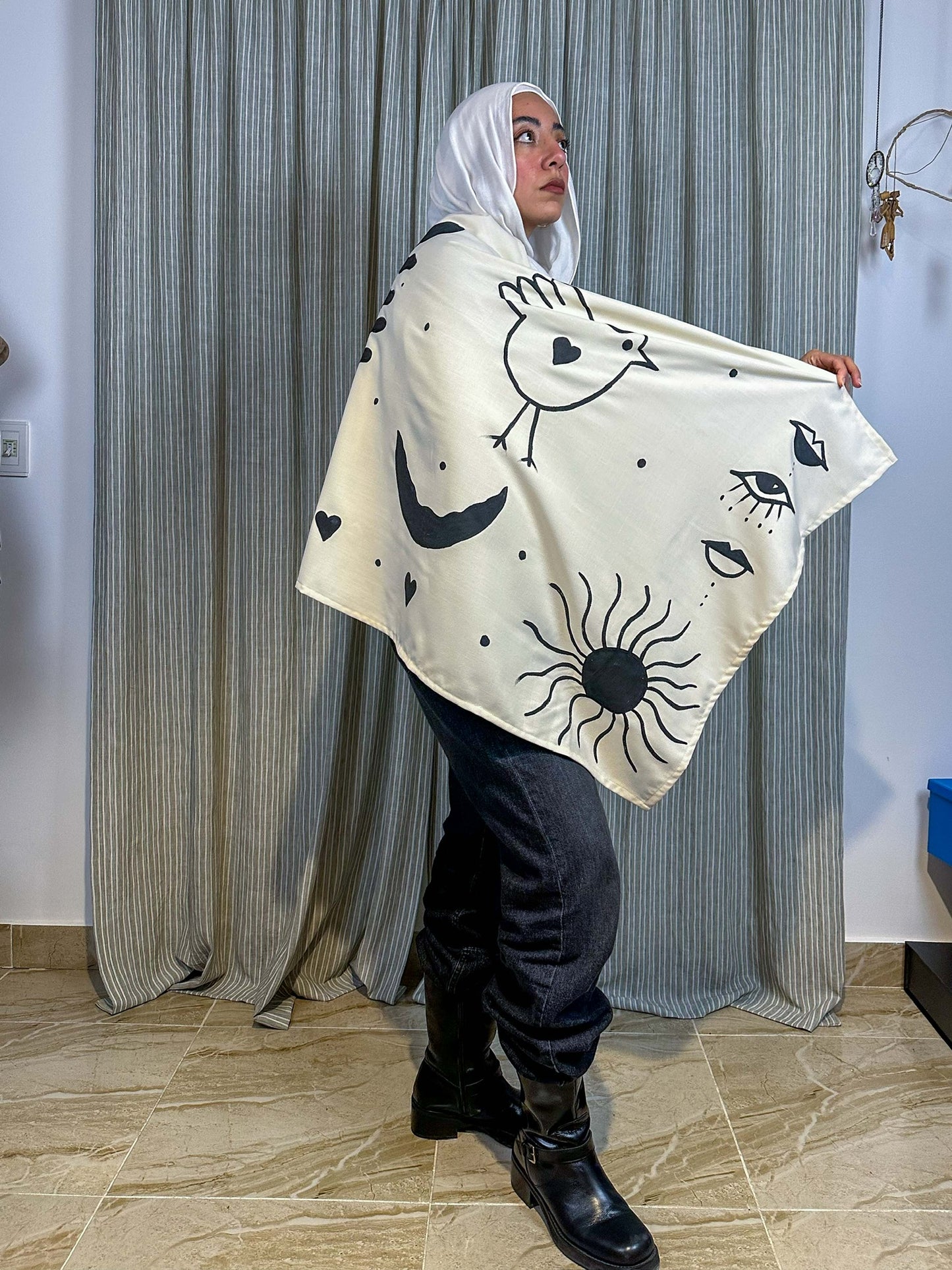 Black and Beige hand painted Shawl