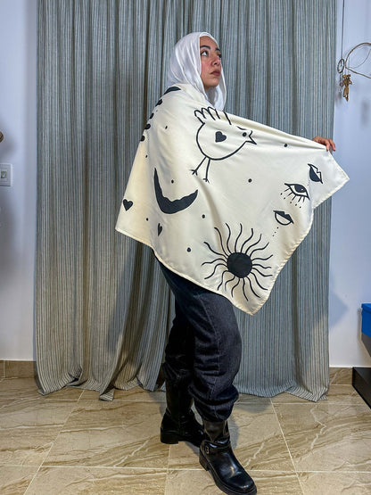 Black and Beige hand painted Shawl