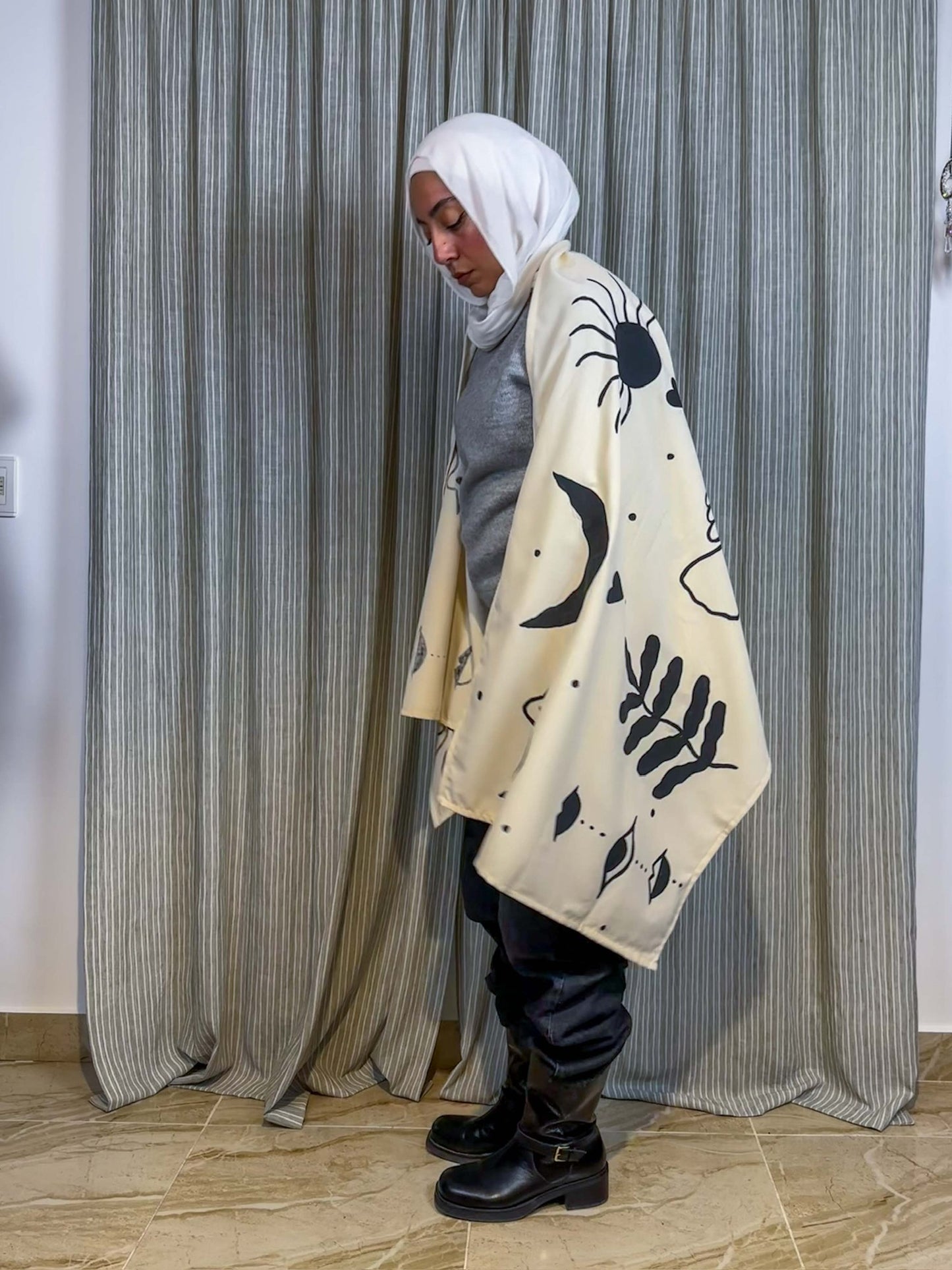 Black and Beige hand painted Shawl