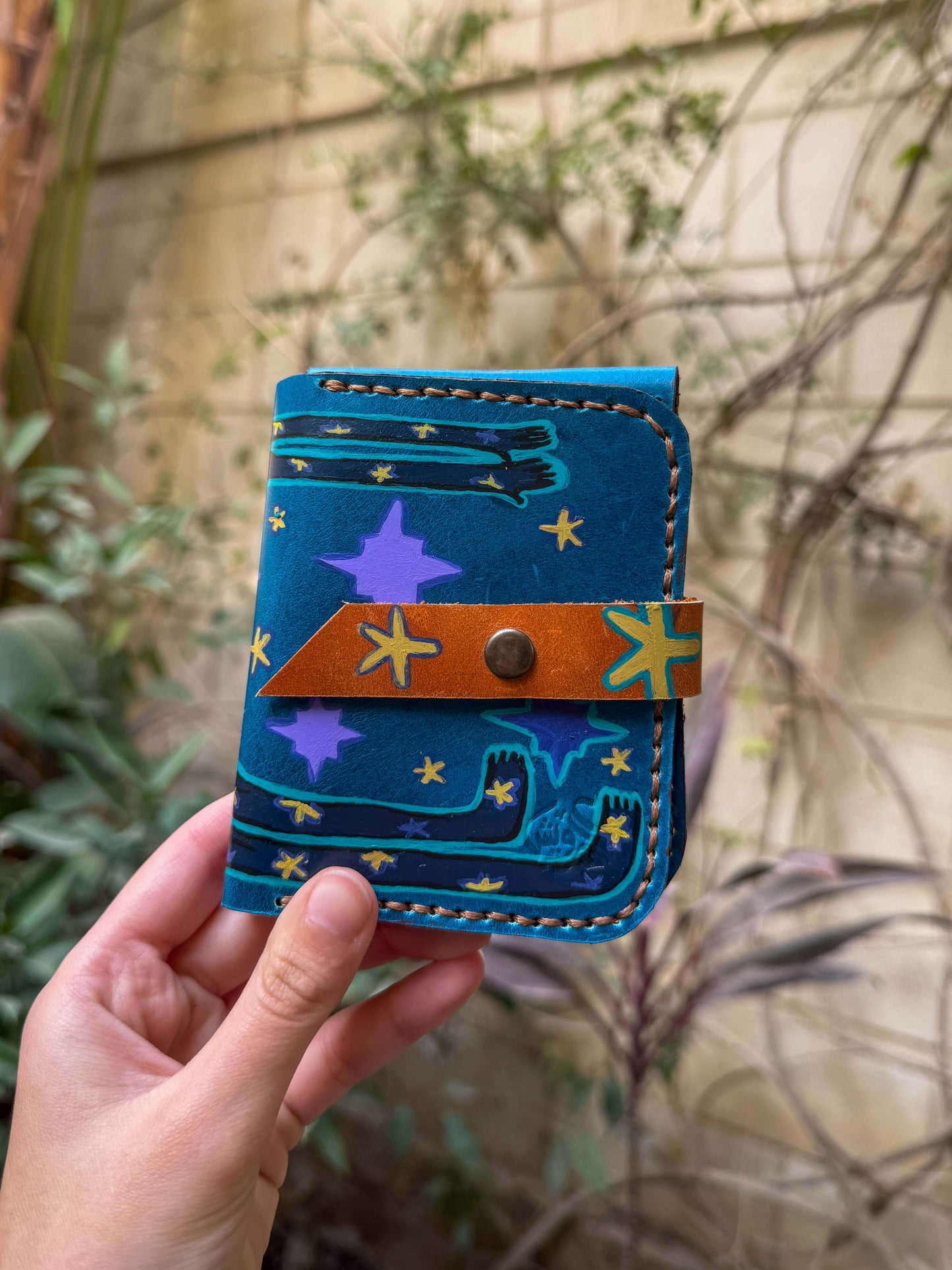 Blue hand painted Nut leather wallet