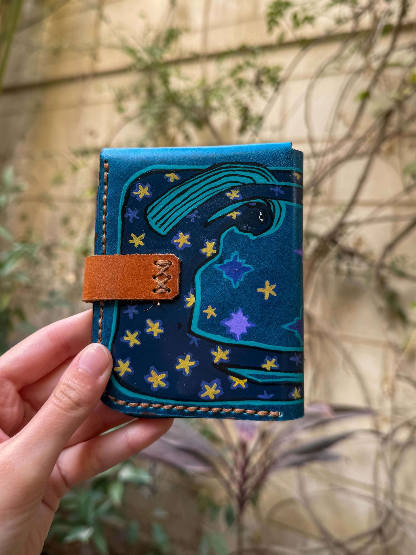 Blue hand painted Nut leather wallet