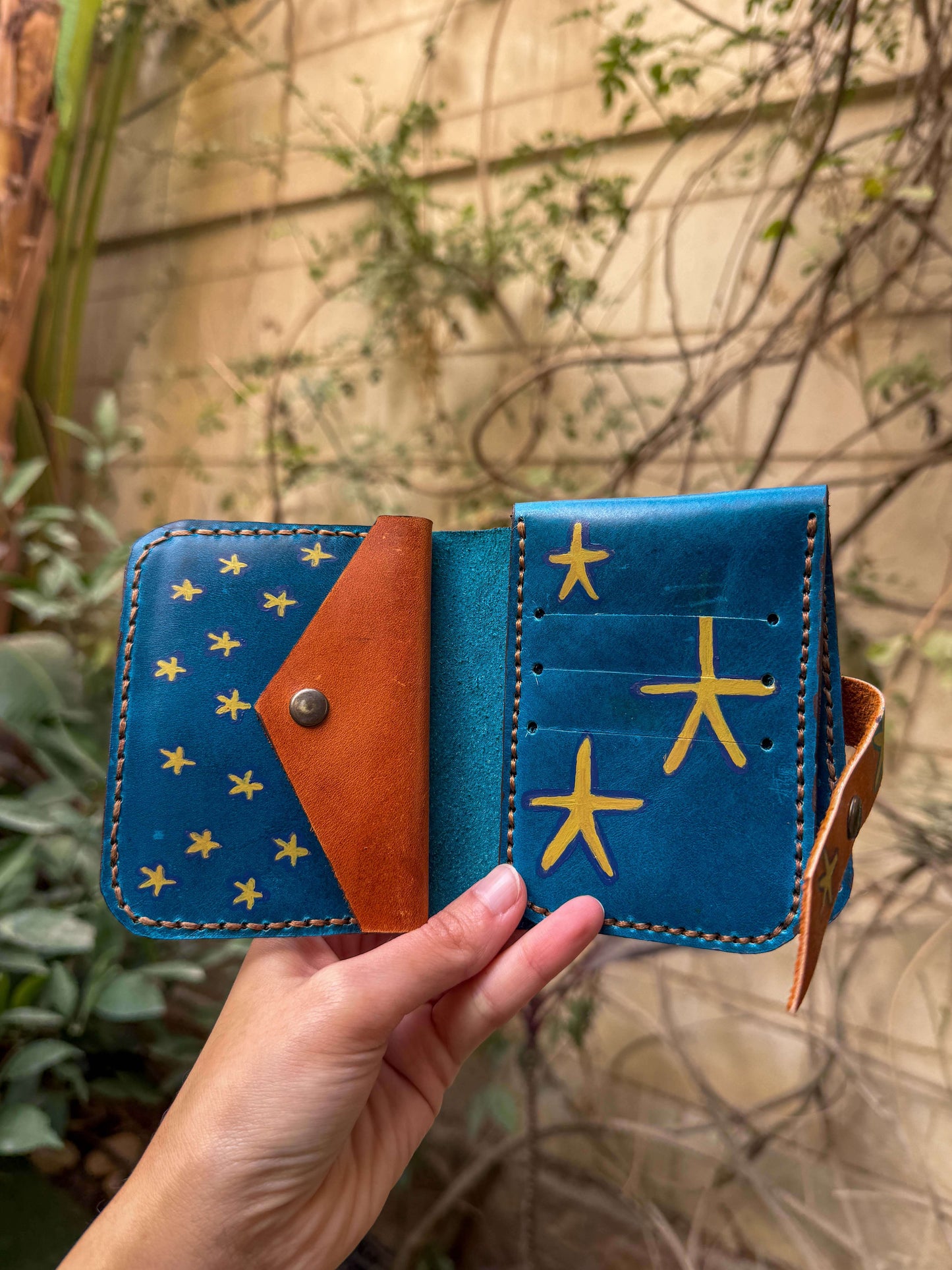 Blue hand painted Nut leather wallet